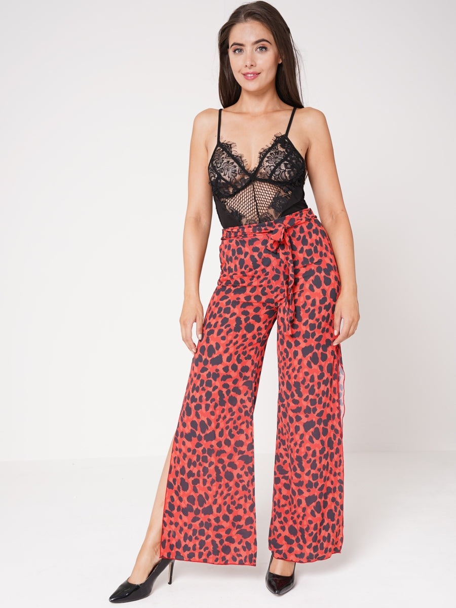 Leopard Print Side Split Belted Trousers