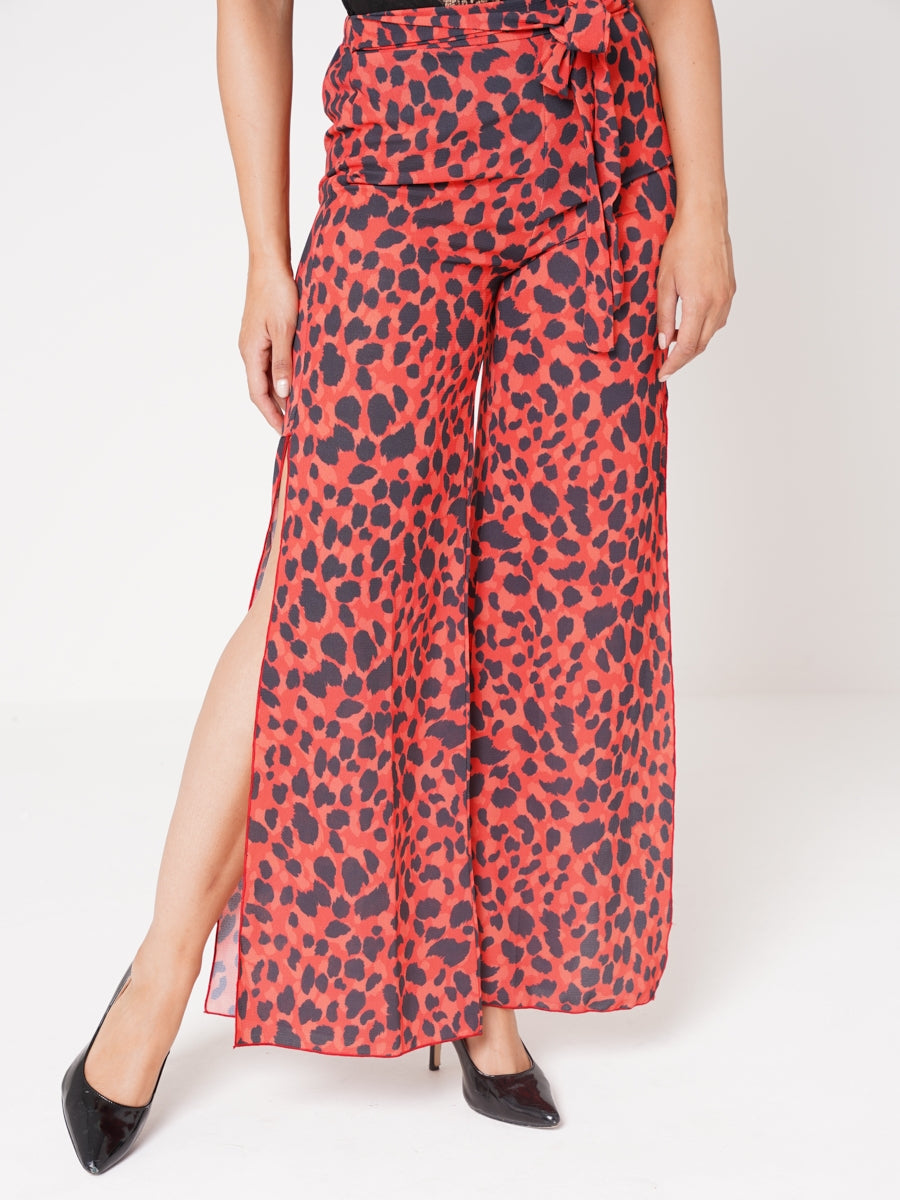 Leopard Print Side Split Belted Trousers