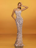 Akrion Strapless Rhinestone Flower Maxi Dress