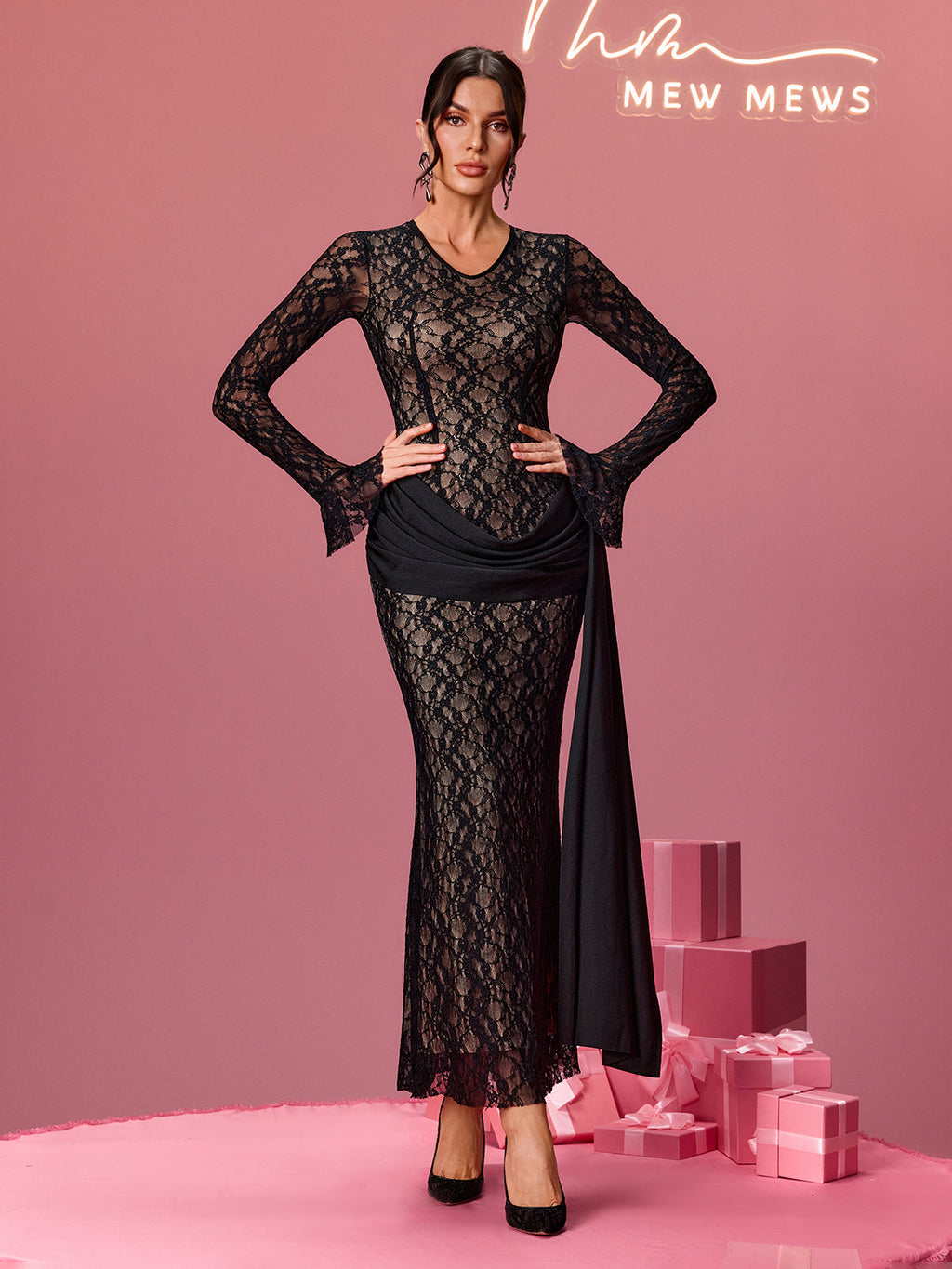 Alcides Flare Sleeve Lace Draped Maxi Dress