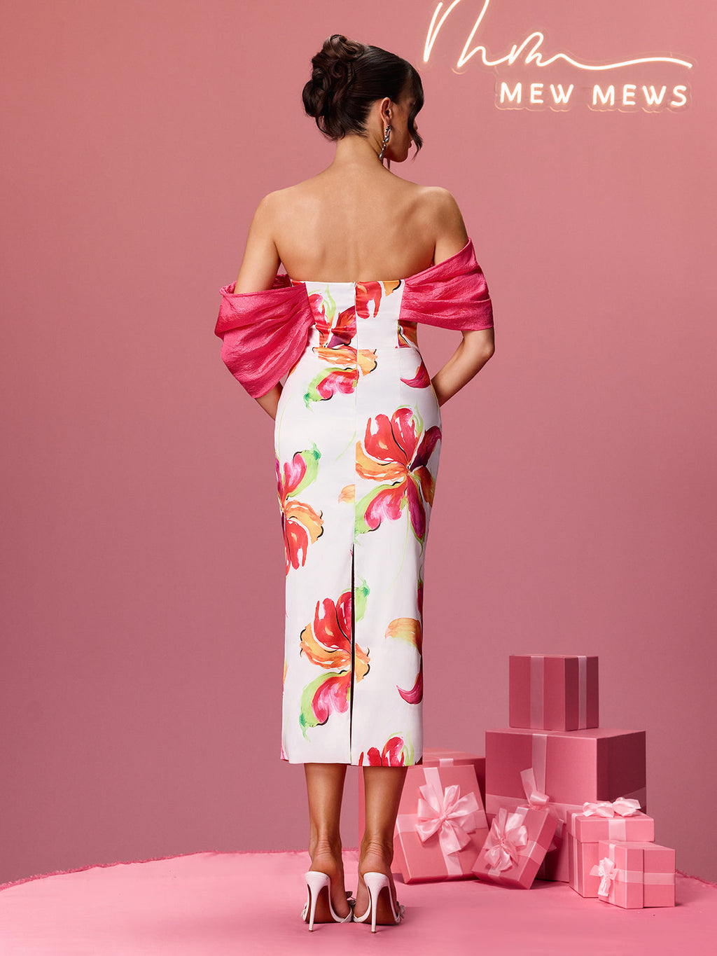 Aldrich Off Shoulder Floral Satin Midi Dress