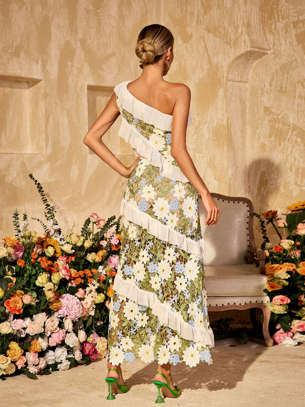 Aliona One Shoulder Flower Embroidered Maxi Dress