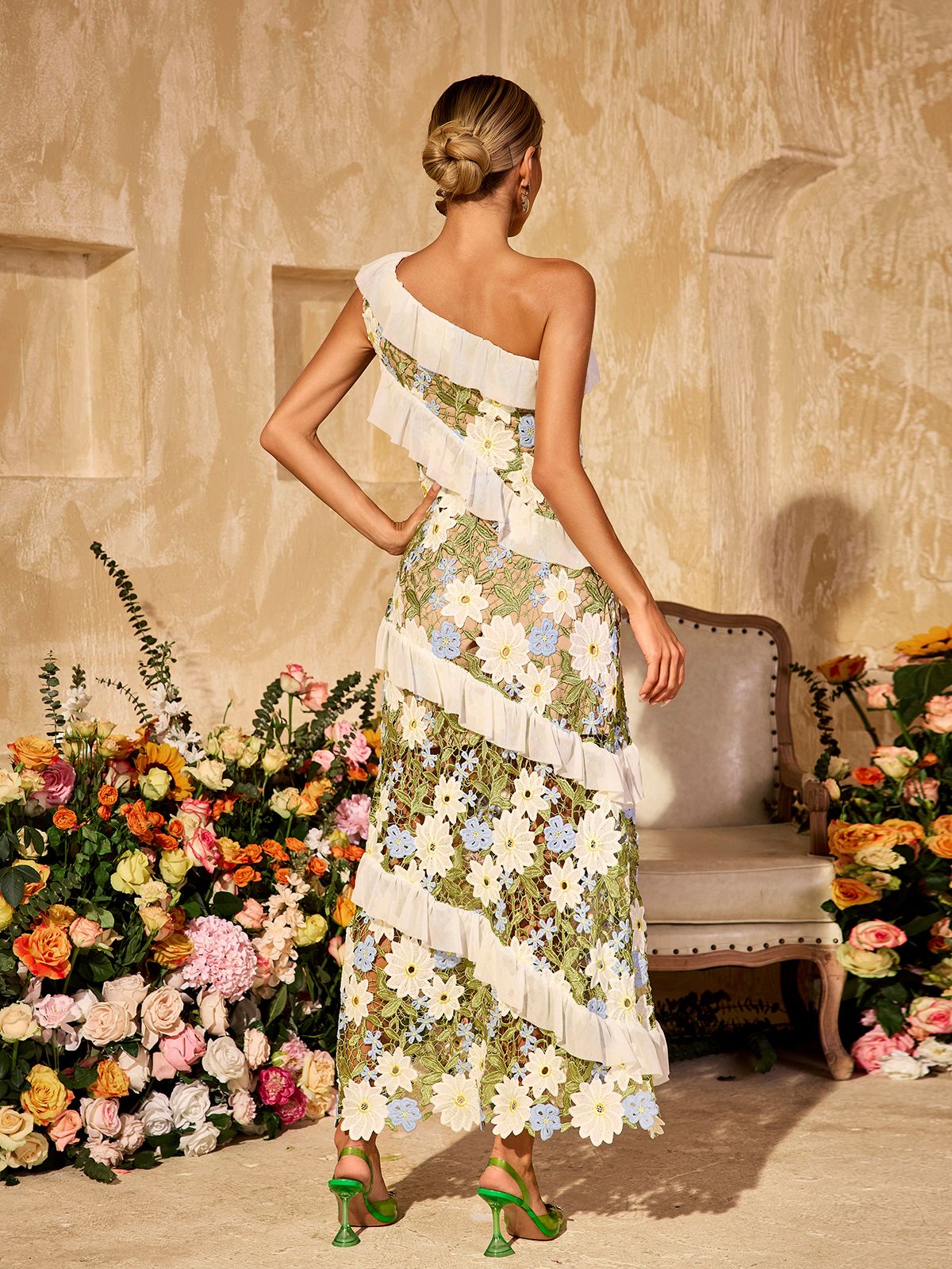 Aliona One Shoulder Flower Embroidered Maxi Dress