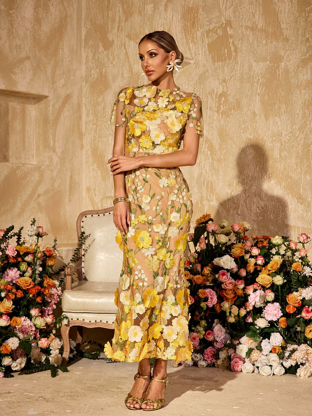 Alirio Embroidered Flower Midi Dress
