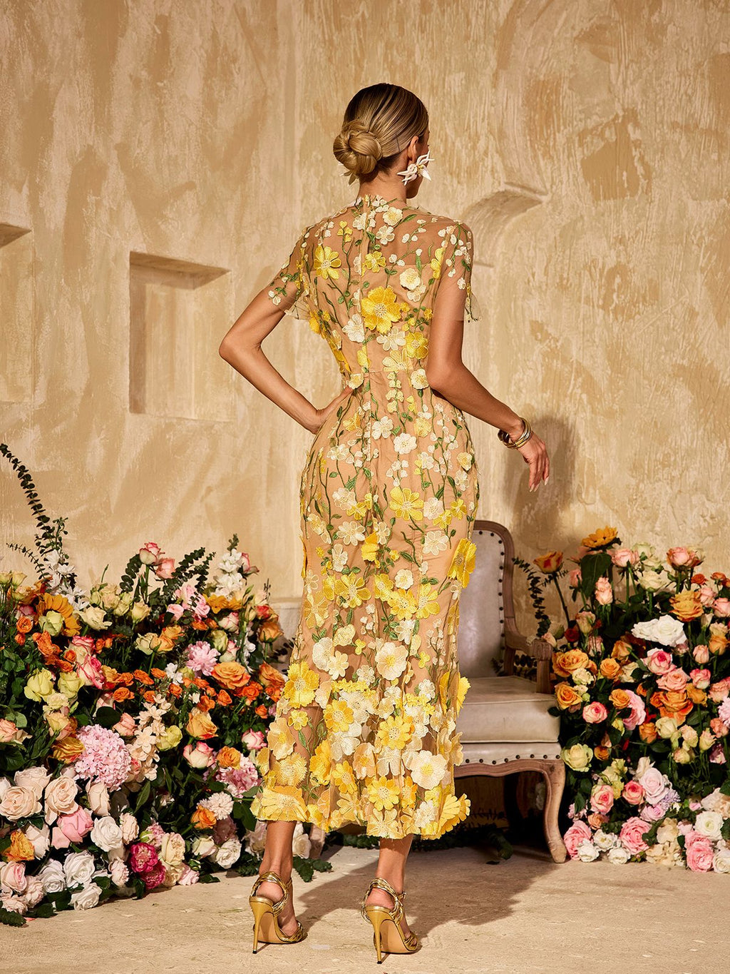 Alirio Embroidered Flower Midi Dress