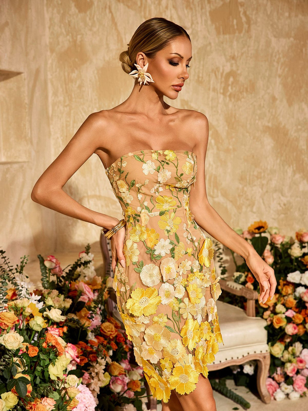 Alirio Strapless Embroidered Flower Mini Dress