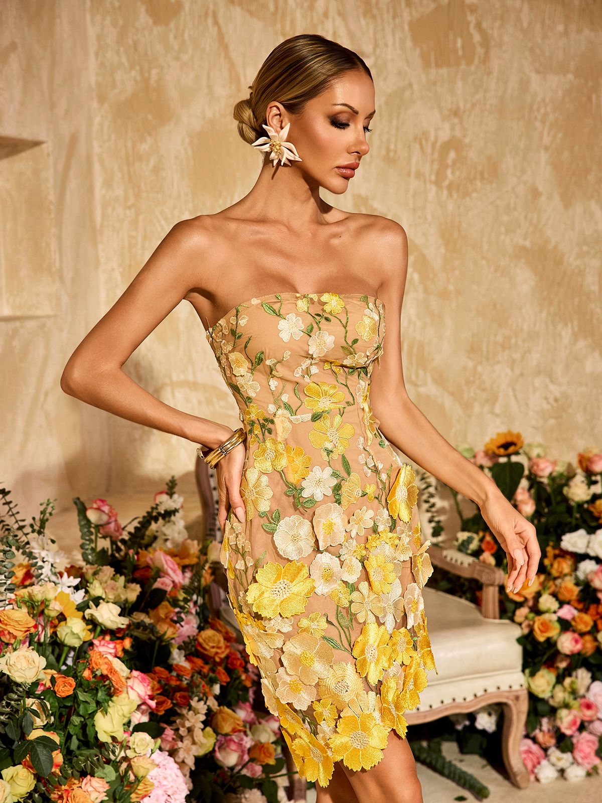 Alirio Strapless Embroidered Flower Mini Dress