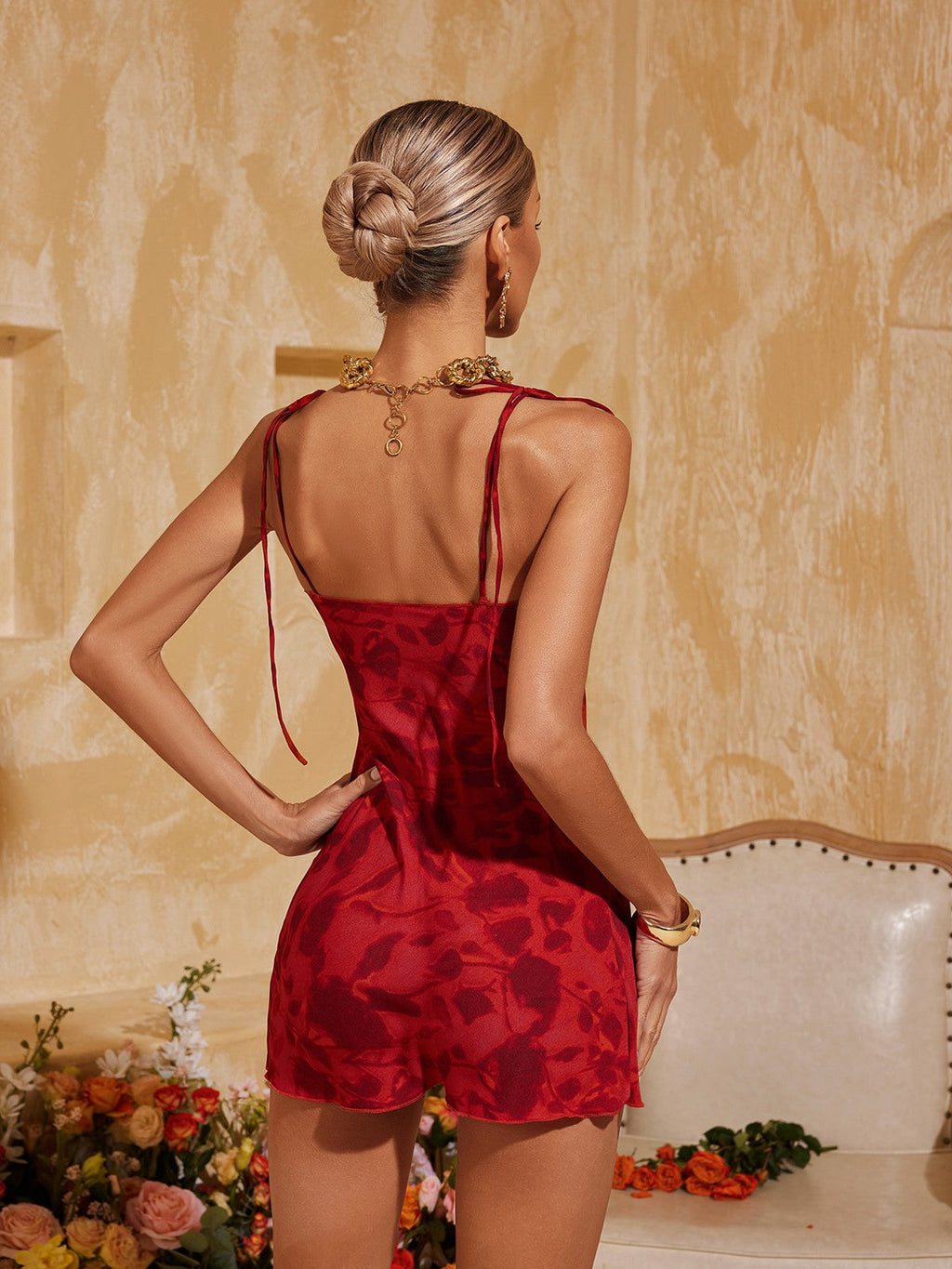 Altharion Spaghetti Floral Print Mini Dress In Red