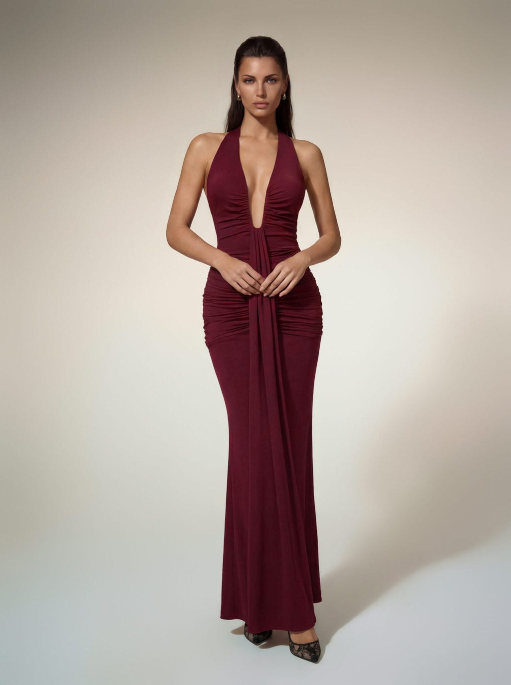 Alyshea Halterneck Ruched Maxi Dress In Wine