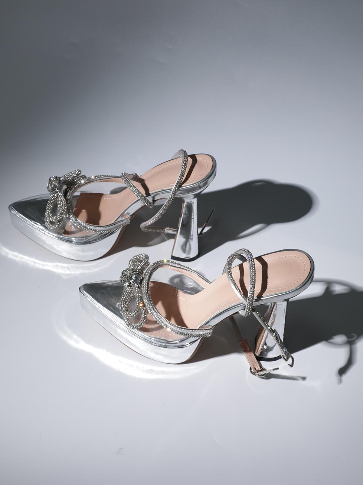 Anouk Bow Crystal Heels In Silver