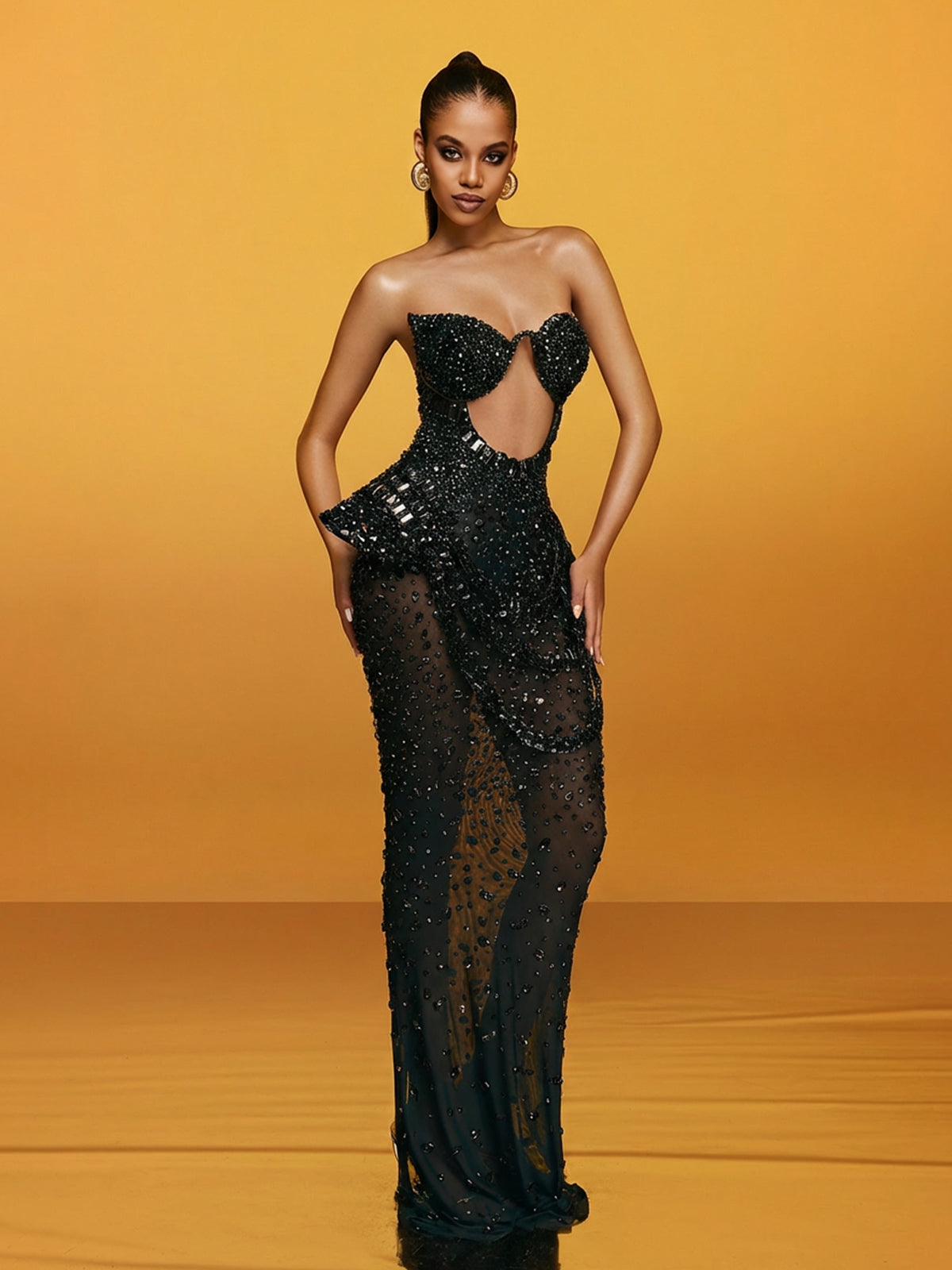 Arygon Strapless Cutout Crystal Maxi Dress In Black