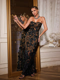 Avital Strapless Flower Maxi Dress In Black