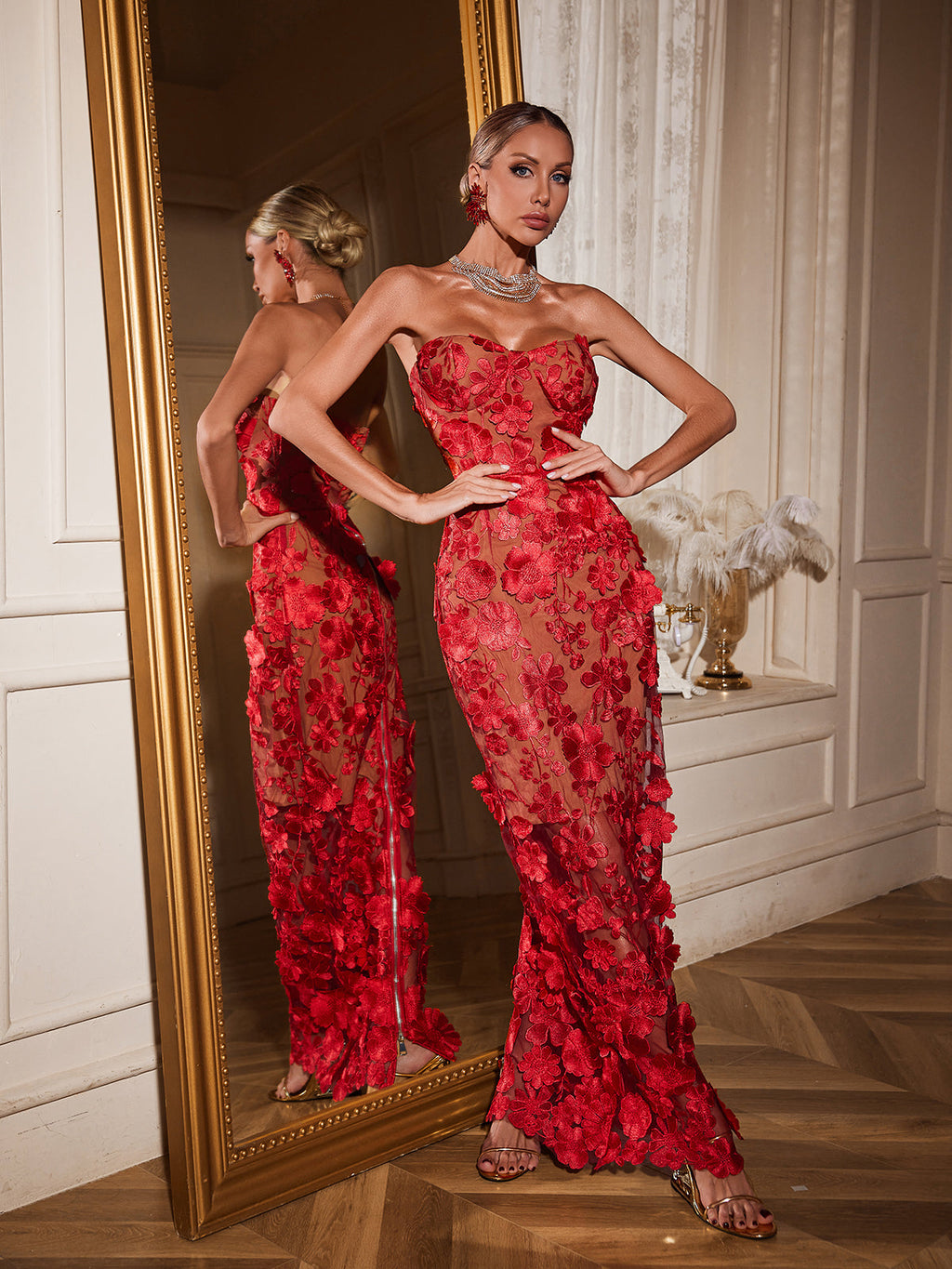 Avital Strapless Flower Maxi Dress In Red