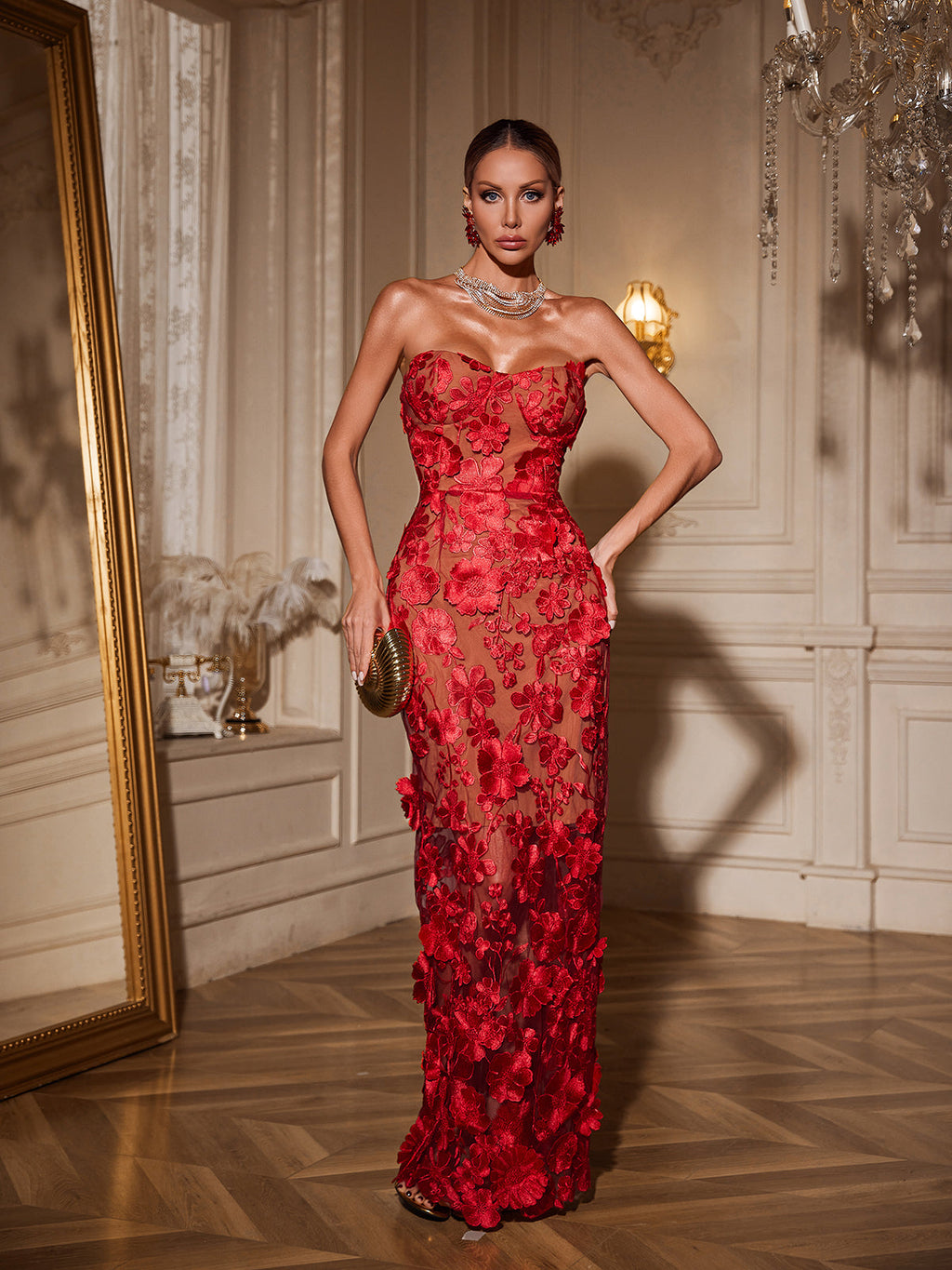 Avital Strapless Flower Maxi Dress In Red