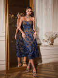 Avital Strapless Flower Midi Dress In Navy