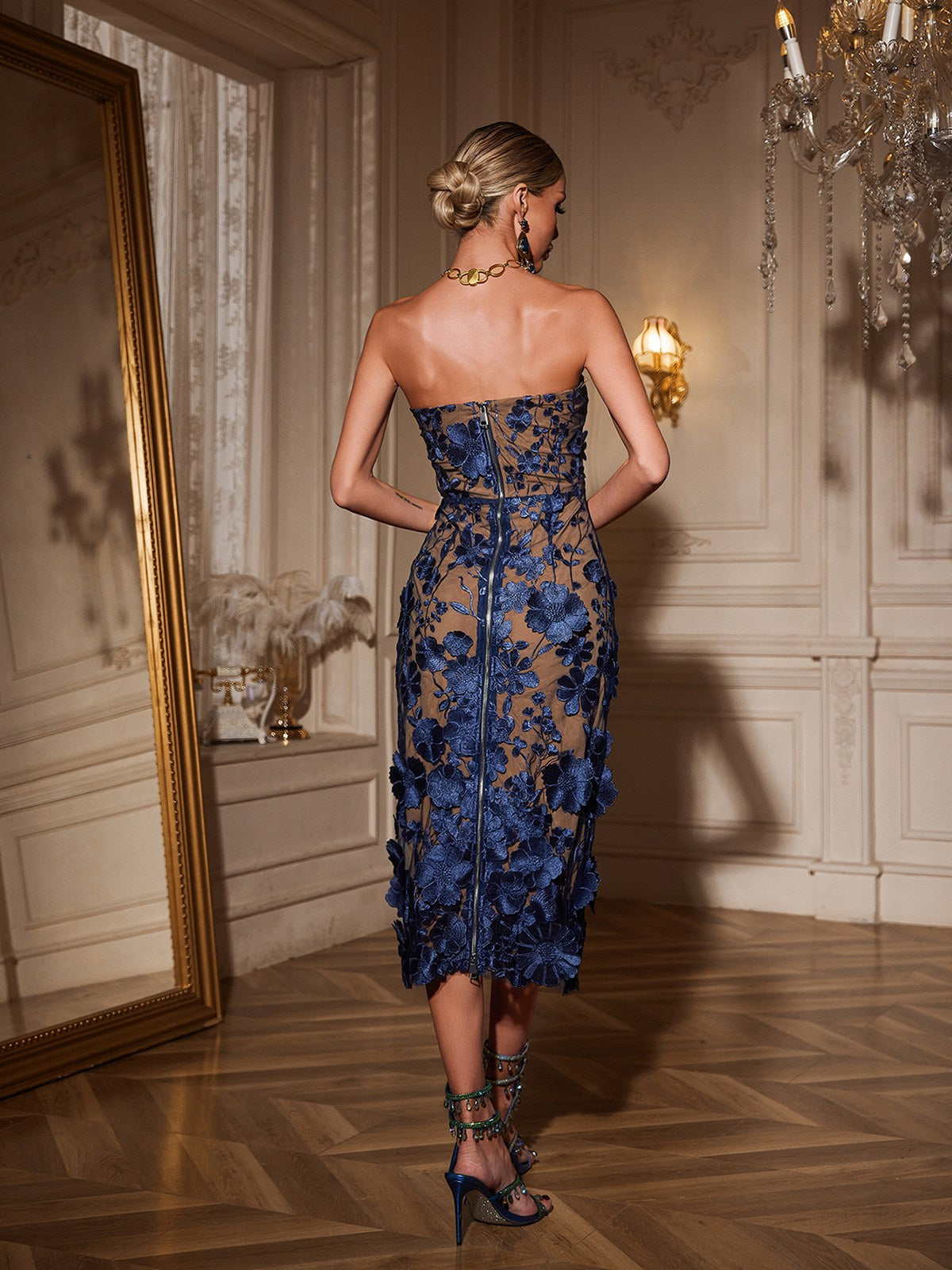 Avital Strapless Flower Midi Dress In Navy