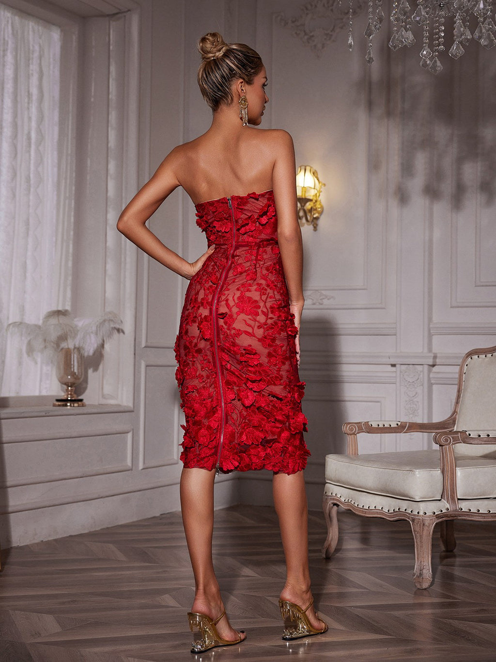 Avital Strapless Flower Midi Dress In Red