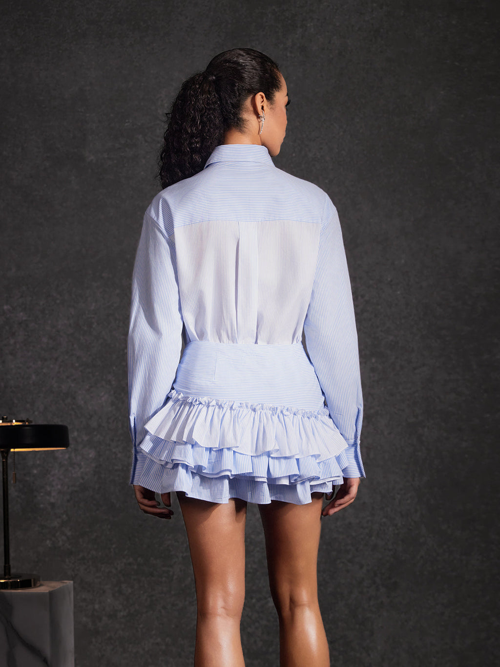Azimuth Folded Collar Stripe Tiered Skirt Set