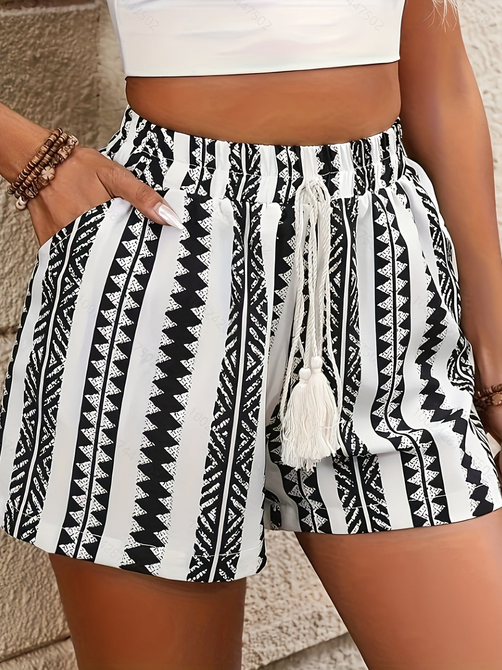 Women's Black and White Striped Shorts with Fringe Detail - Casual Summer Shorts