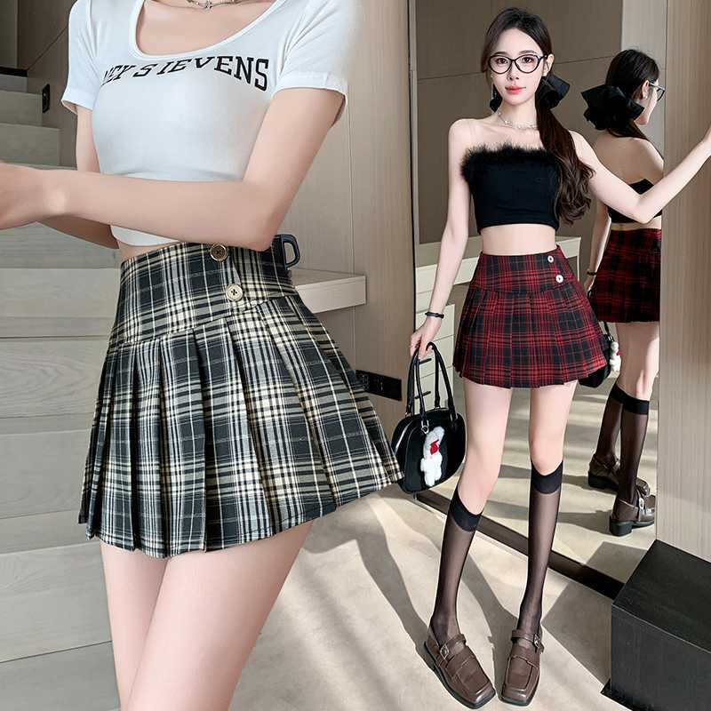 Springsummer Style Spicy-girl Skirt, Plaid Pleated Skirt