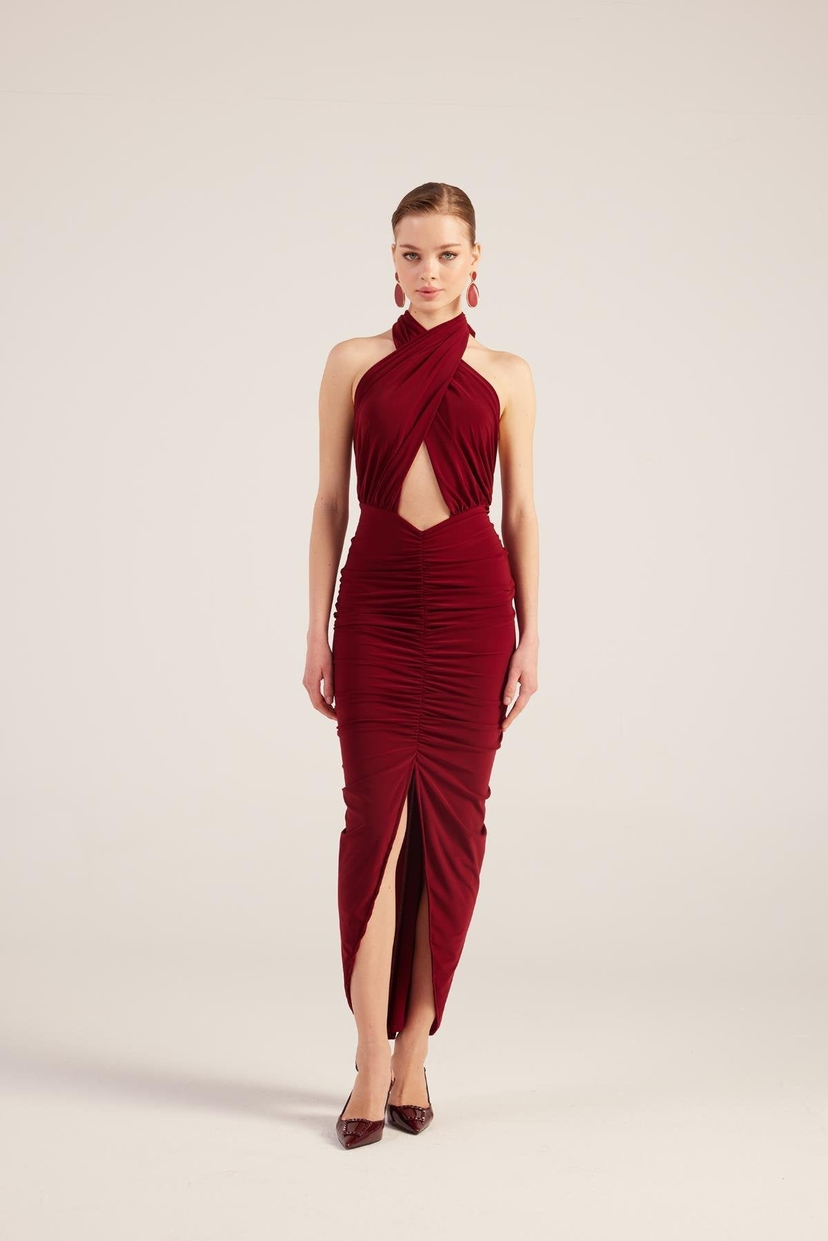 Marie Burgundy Backless Slit Maxi Dress