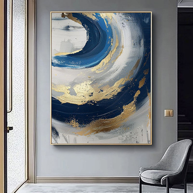 Luxury Handmade Abstract Oil Painting Wall Art Modern Golden Blue Minimalist Texture Canvas Mural For Living Room Decor Frameless