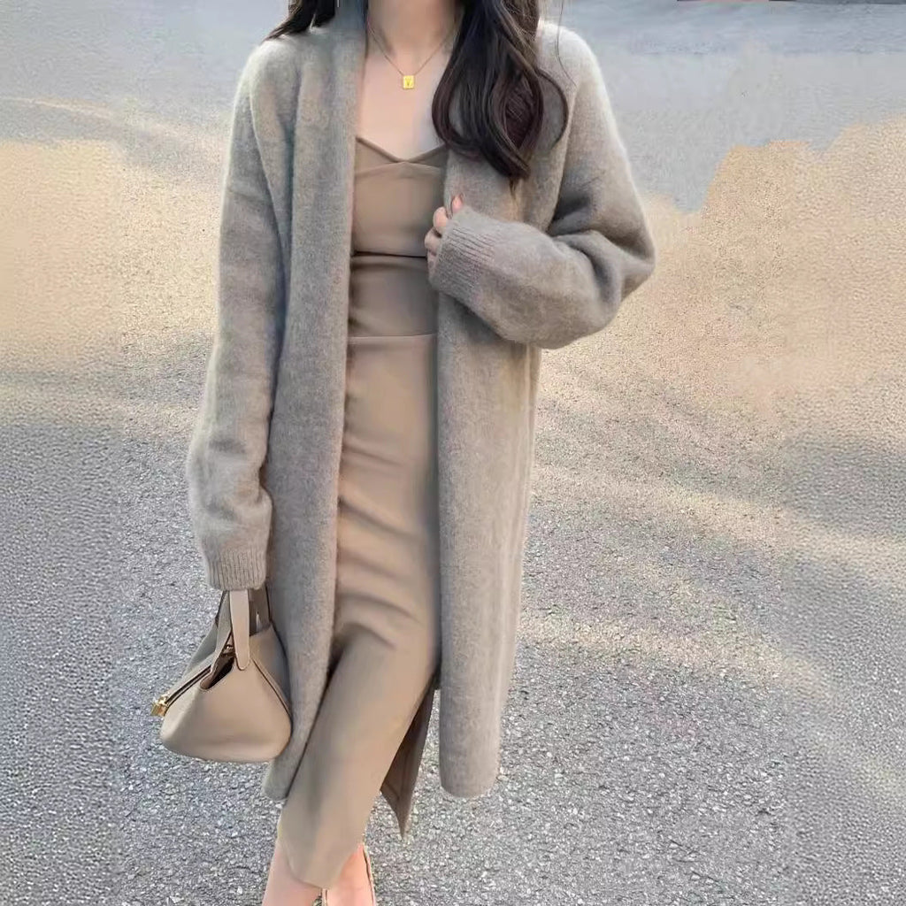 Women's Mid-length Knitted Cardigan V-neck Thickened Sweater Coat