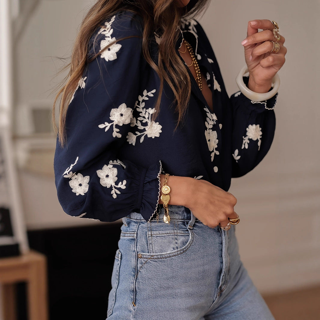 Women's Long-sleeved Western-style Chiffon Blouse With Embroidery