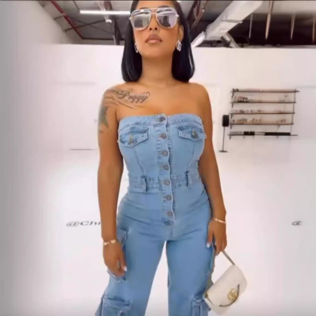Tube Top Multi-pocket Workwear Jumpsuit Multi-button