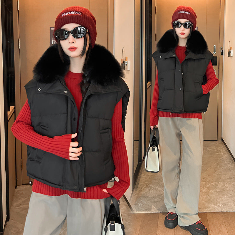 Women's Big Fur Collar Loose Down Cotton Vest Short Zipper