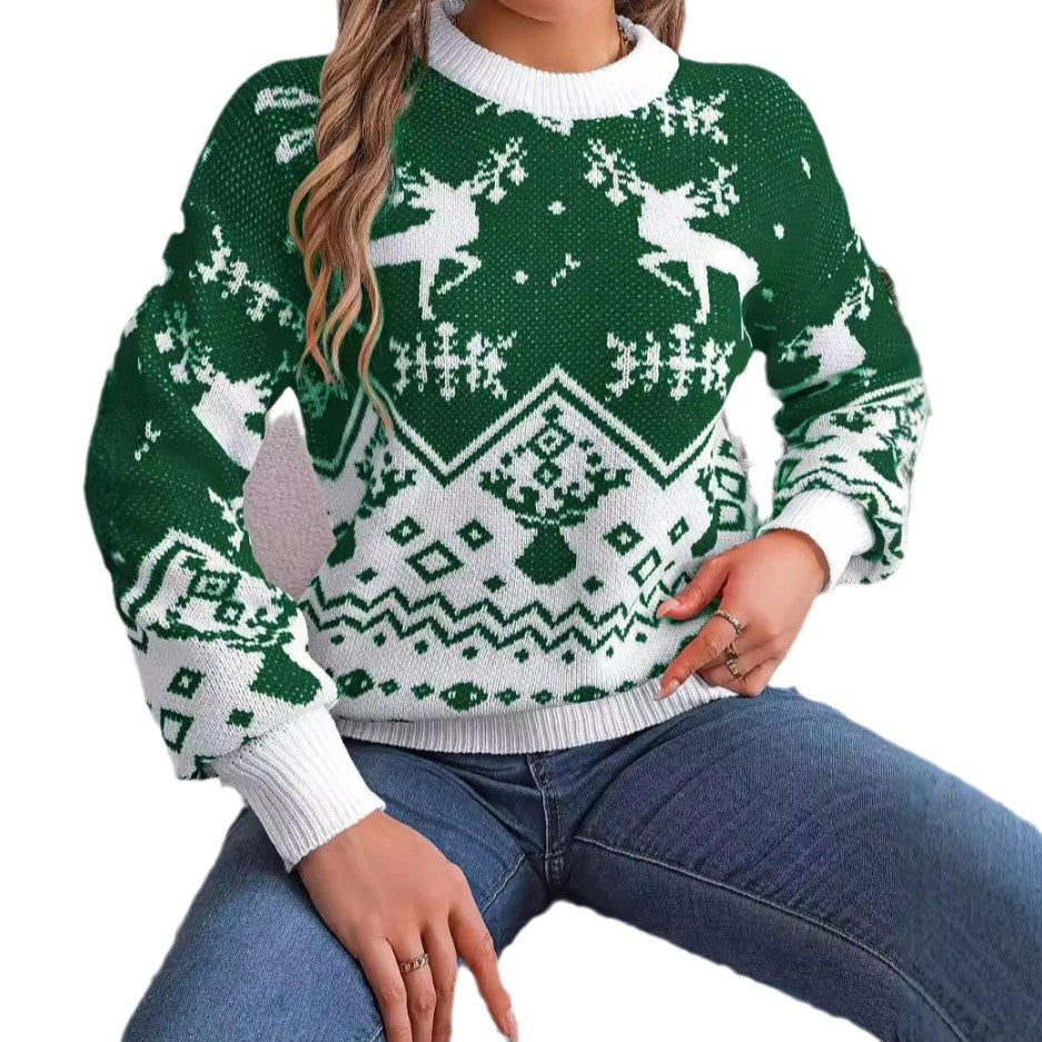 New Year Autumn Winter Casual Deer Pattern Long Sleeve Hoodie Sweater Christmas For Women Red Green Knitted Pullover Jumper