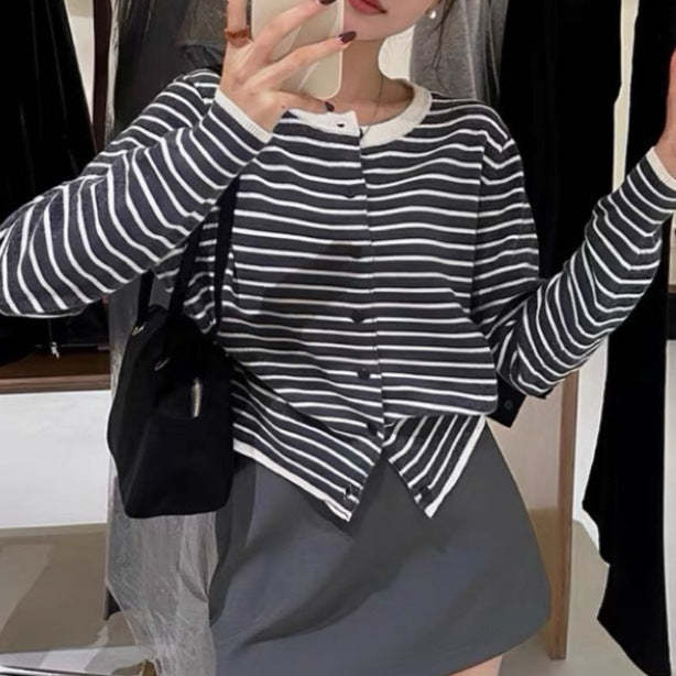 French Style Classic Style Striped Sweater Cardigan Coat For Women