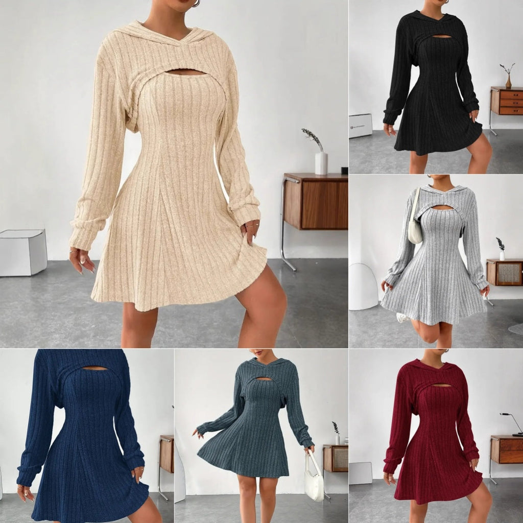 Women's Two-piece Set Dresses New Fashion Fall Winter Hooded Shawl Long-sleeved Vest Short Skirt