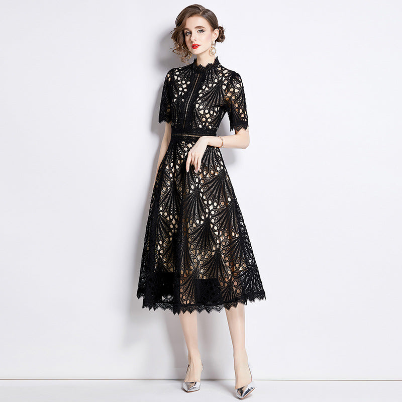 Women's French High-grade Lace Patchwork Round Neck Dress