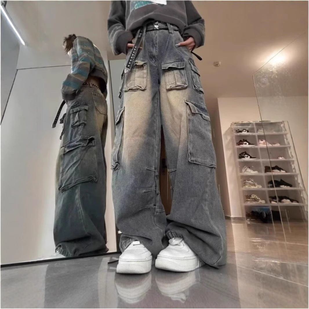 Multi-pocket Loose Multi-pocket Washed Distressed Pants