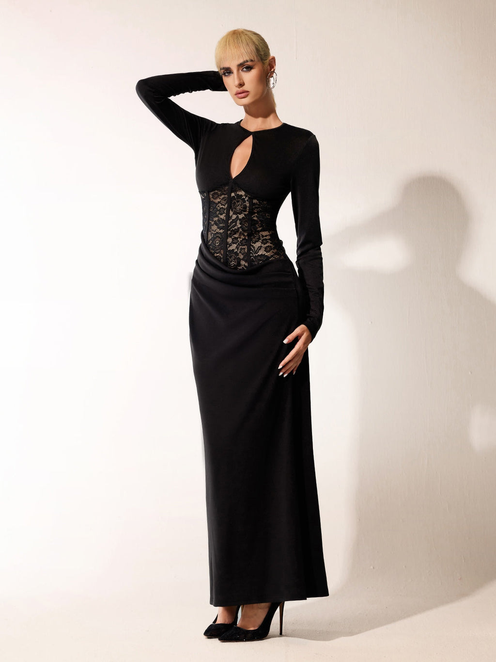 Bahadur Long Sleeve Lace Cutout Maxi Dress