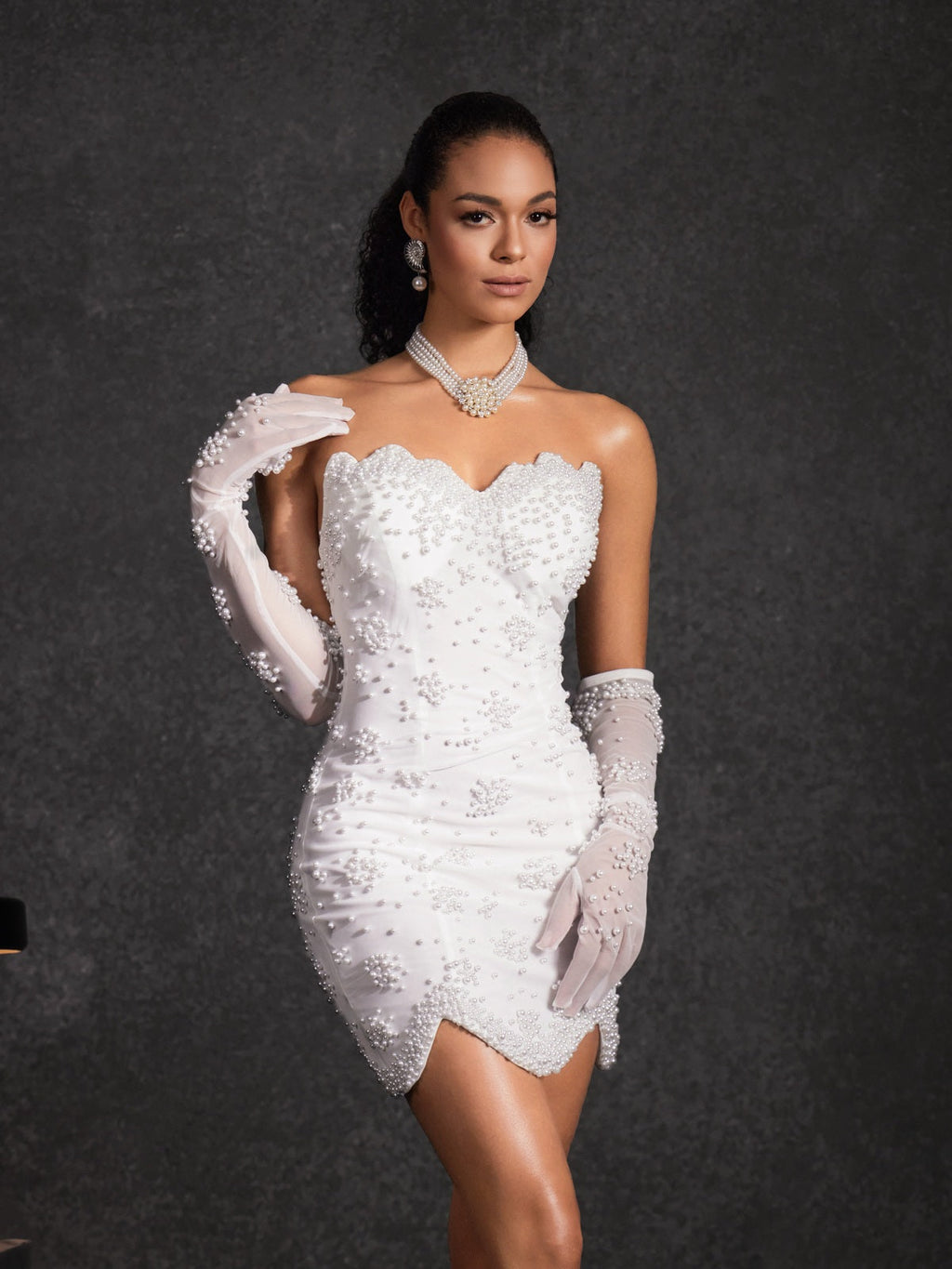 Bautista Strapless Pearl Mini Dress With Gloves