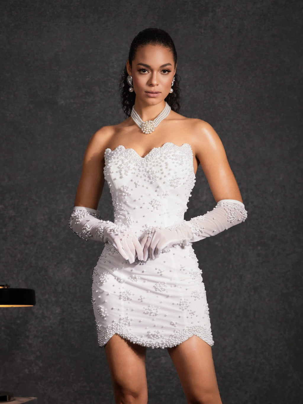 Bautista Strapless Pearl Mini Dress With Gloves