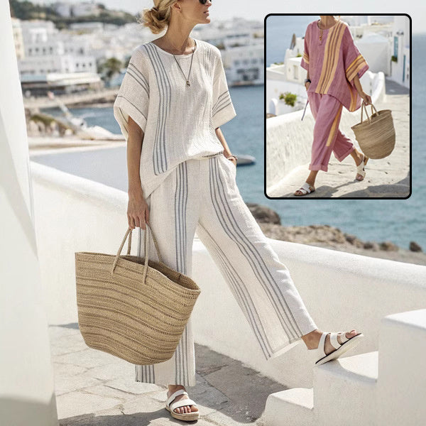 Summer Striped Suits Loose Batwing Sleeve T-shirt And Solid Straight-leg Pants