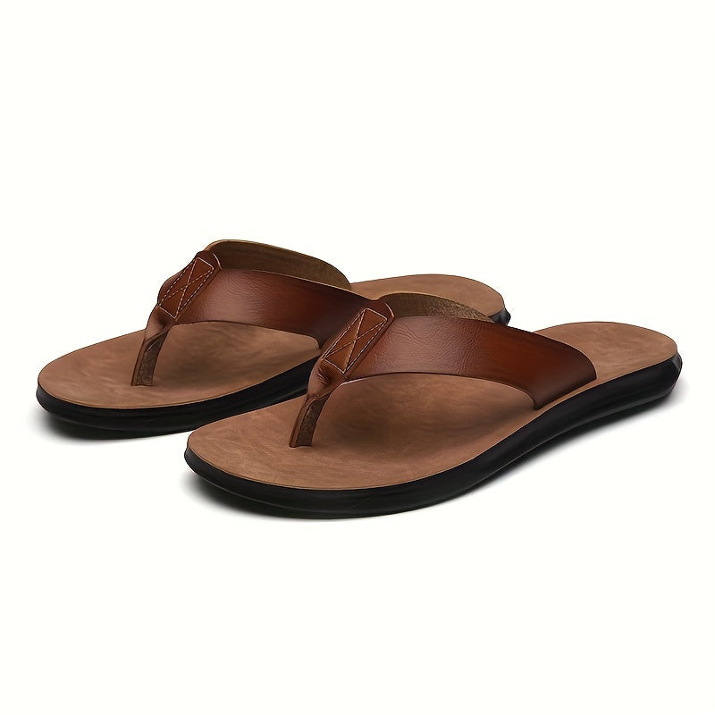 Men's Solid Thong Sandals With Microfiber Leather Uppers, Casual Non Slip Flip-flops Sandal