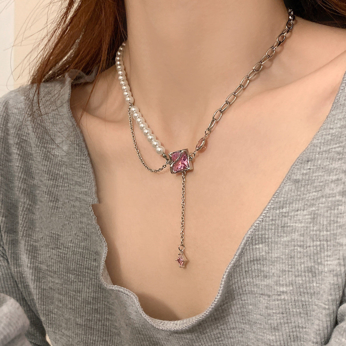 Pearl Mosaic Zircon Diamond Chain Necklace