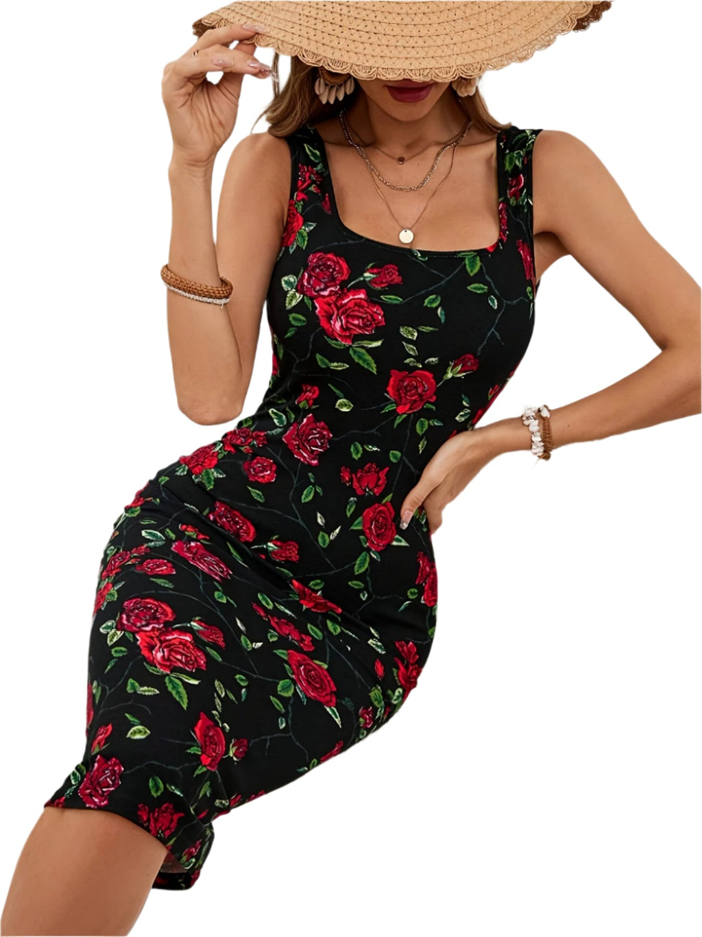 Print Women's Sleeveless Floral Knit Midi Dress