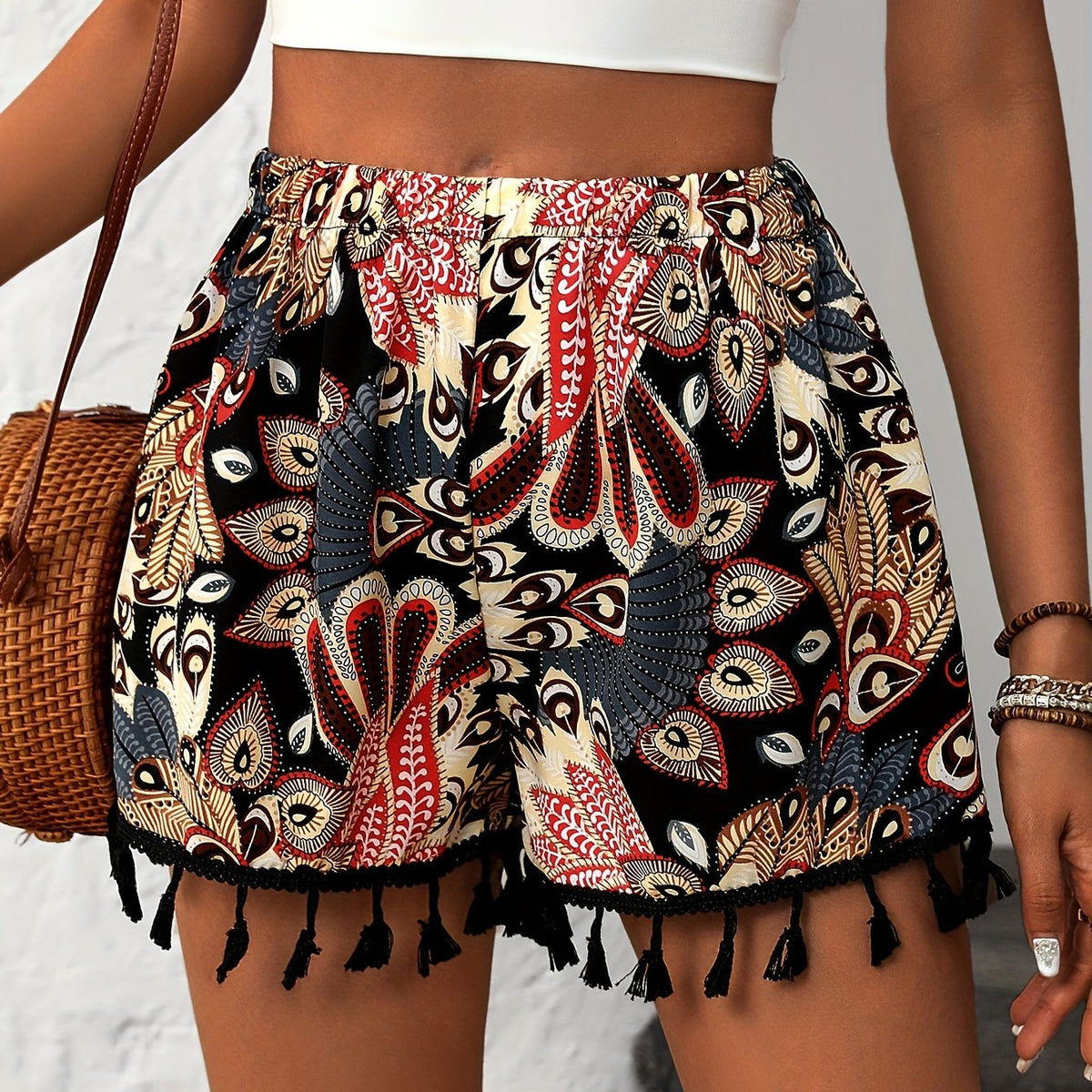 Women's Elegant Paisley Print Tassel Shorts