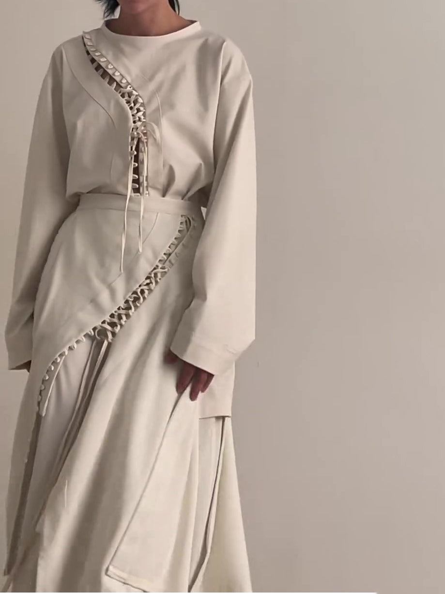 Cream Lace-Up Detail Top And Asymmetric Maxi Skirt Set