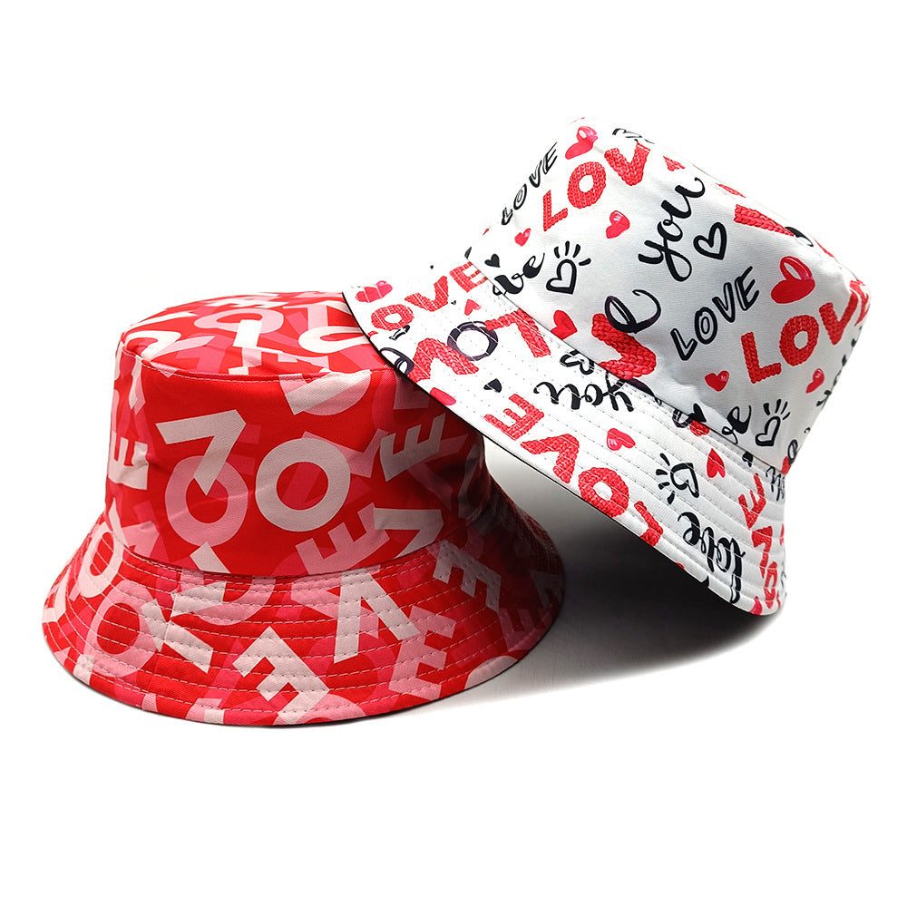 Valentine's Day Heart Printing Bucket Hat Foreign Trade Casual Double-sided Wear