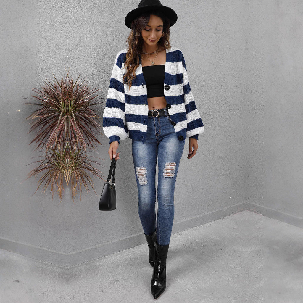 Women's Cardigan Striped Button Stitching Woven Sweater
