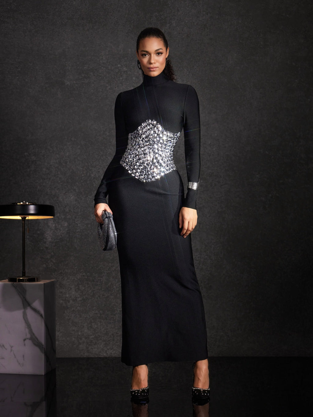 Bedros High Neck Crystal Bandage Dress