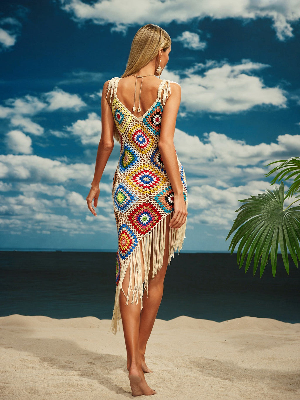 Belva Spaghetti Knitted Fringe Midi Dress