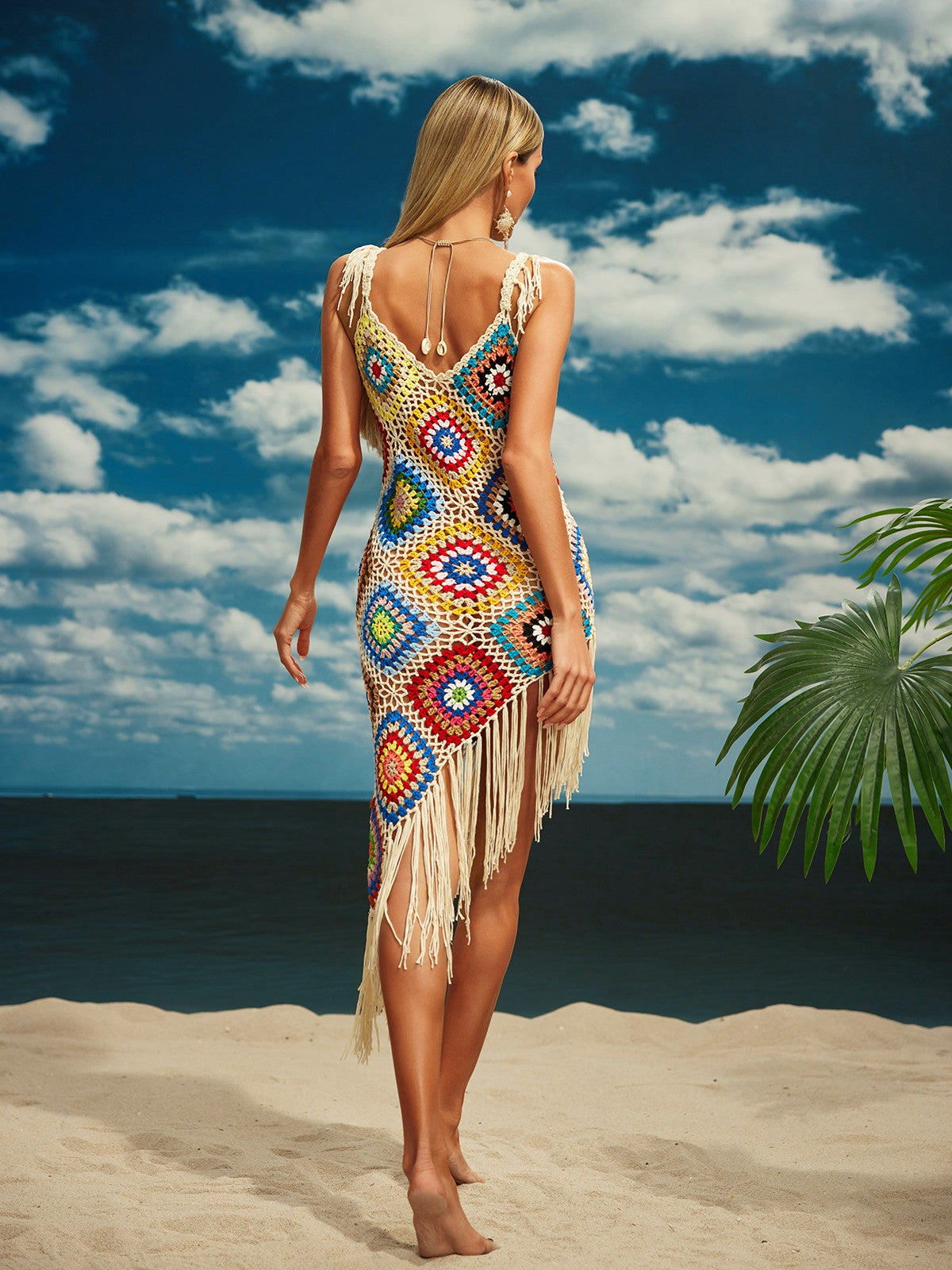 Belva Spaghetti Knitted Fringe Midi Dress