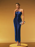 Bluma Halterneck Fringe Maxi Dress In Navy